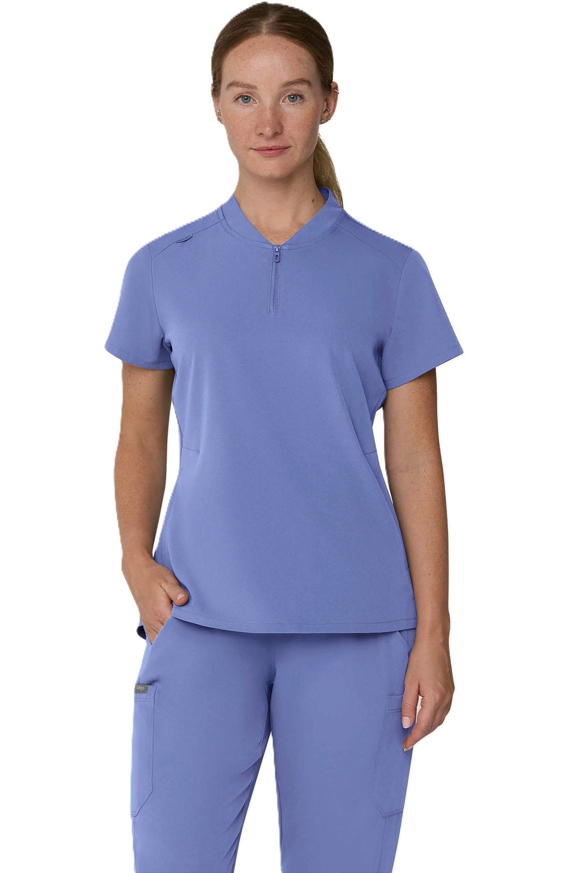 Tempo T103 women's 1/4-zip scrub top in ceil blue.