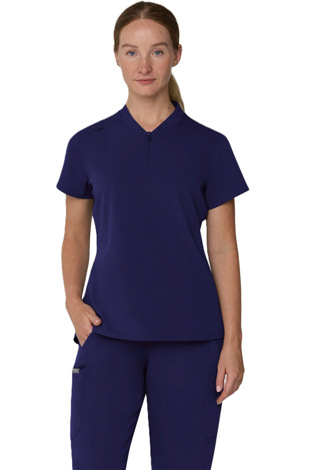 Tempo T103 women's 1/4-zip scrub top in navy blue.