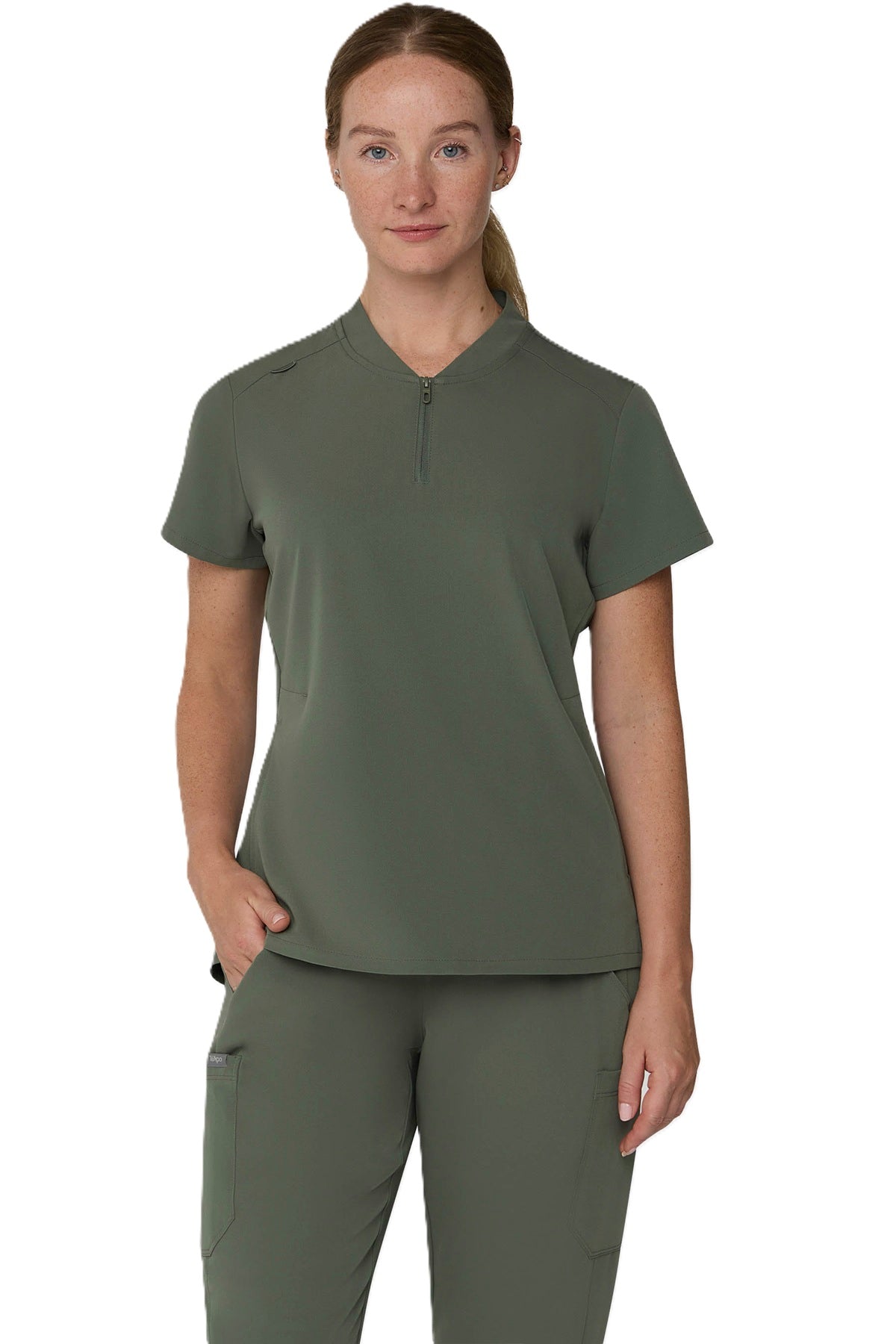 Tempo T103 women's 1/4-zip scrub top in olive green.