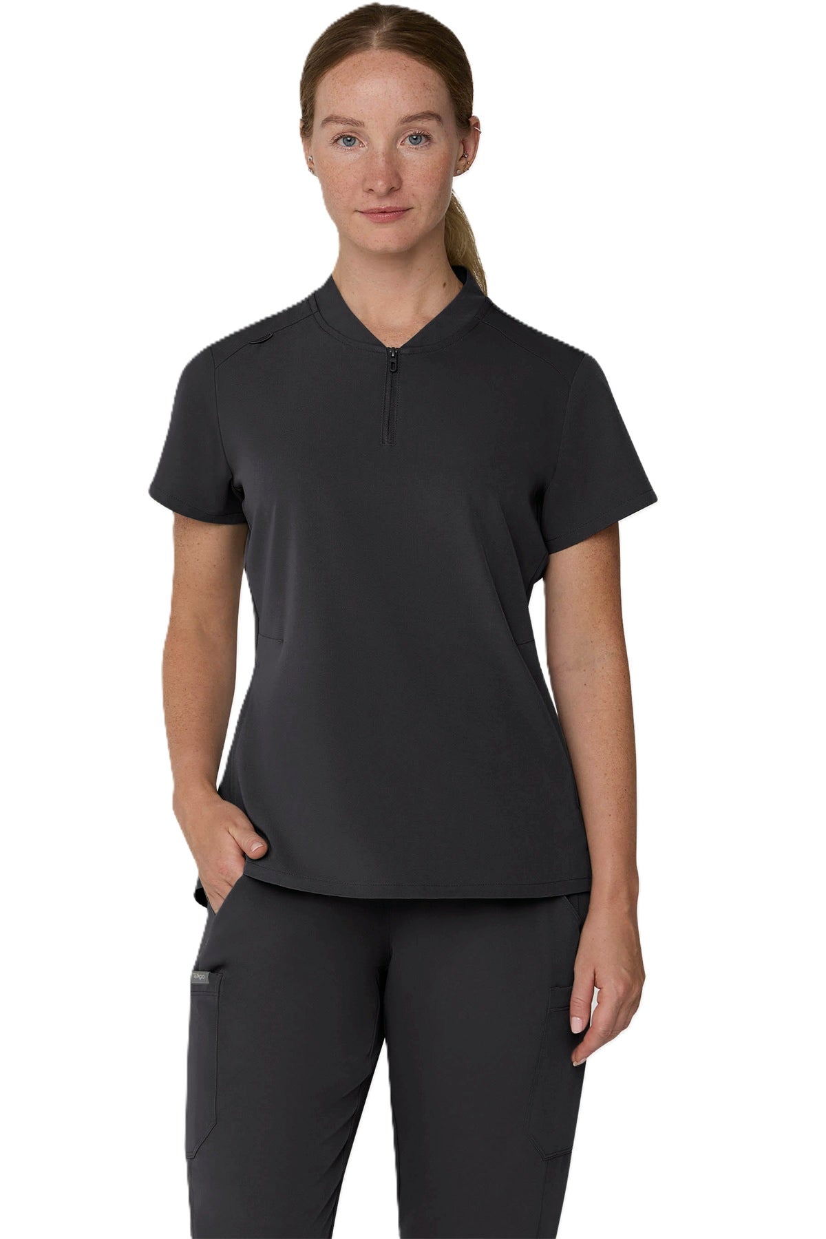 Tempo T103 women's 1/4-zip scrub top in pewter grey.