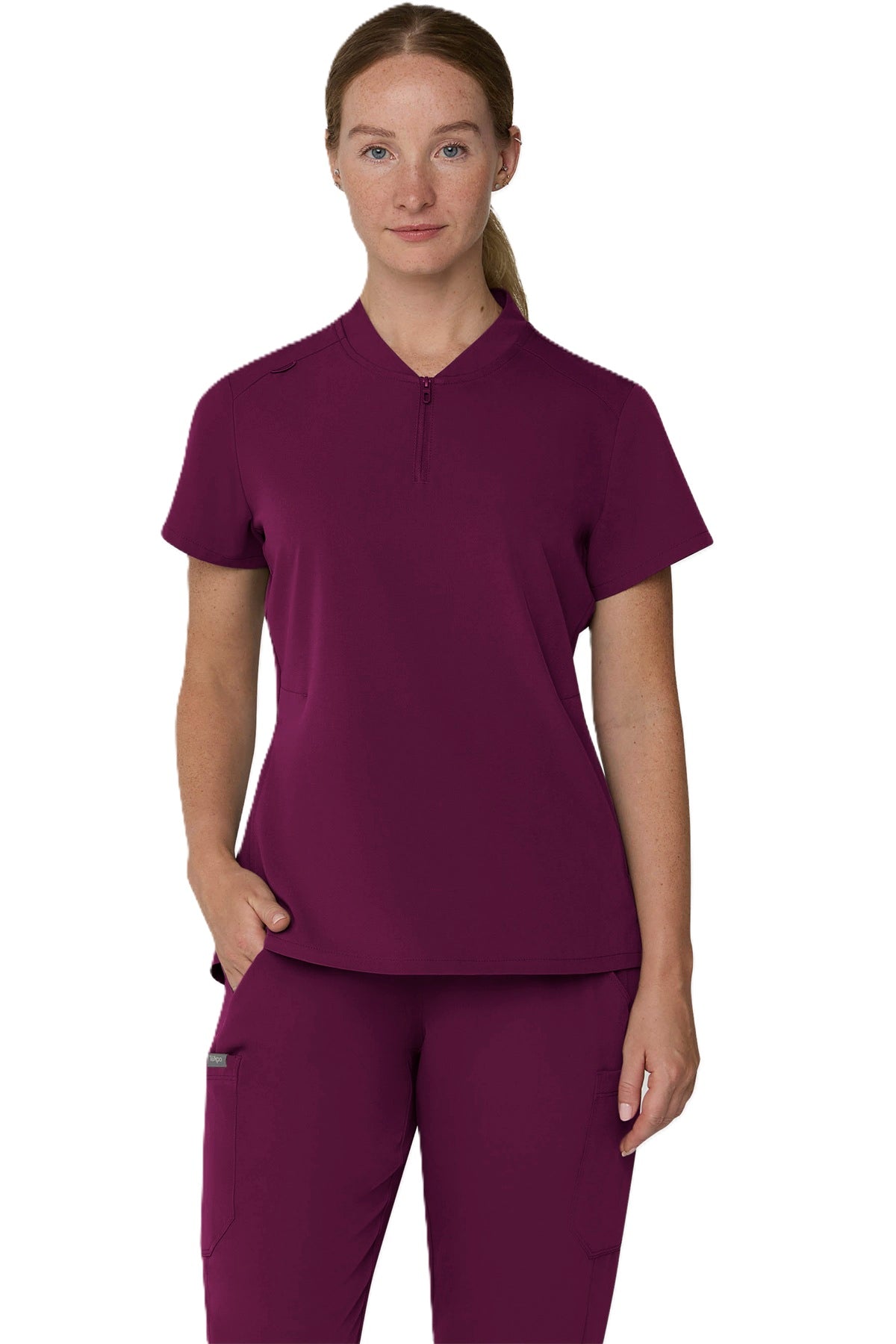 Tempo T103 women's 1/4-zip scrub top in wine.