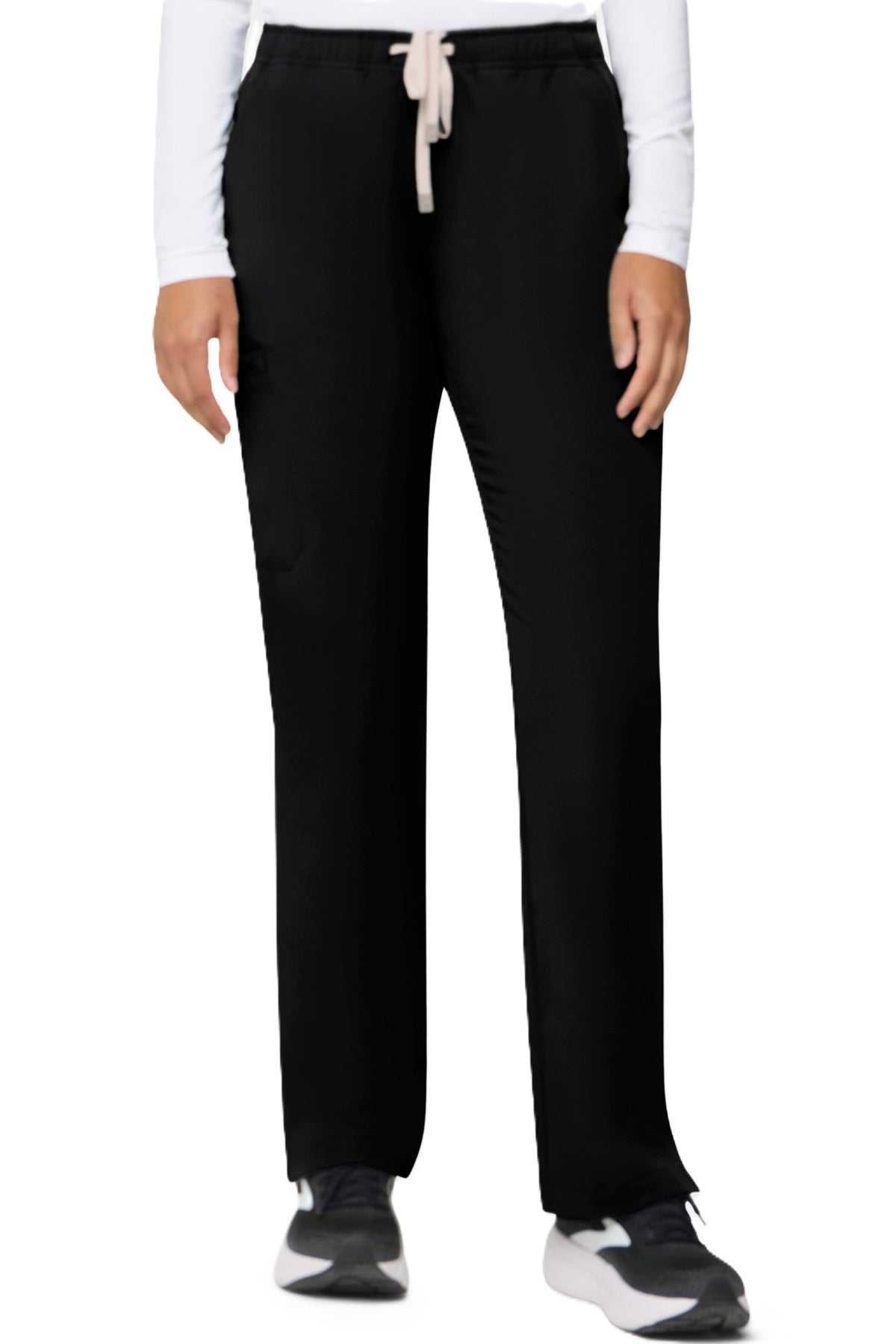 Tempo T201 women's straight leg scrub pants - black, moisture-wicking four-way stretch fabric.