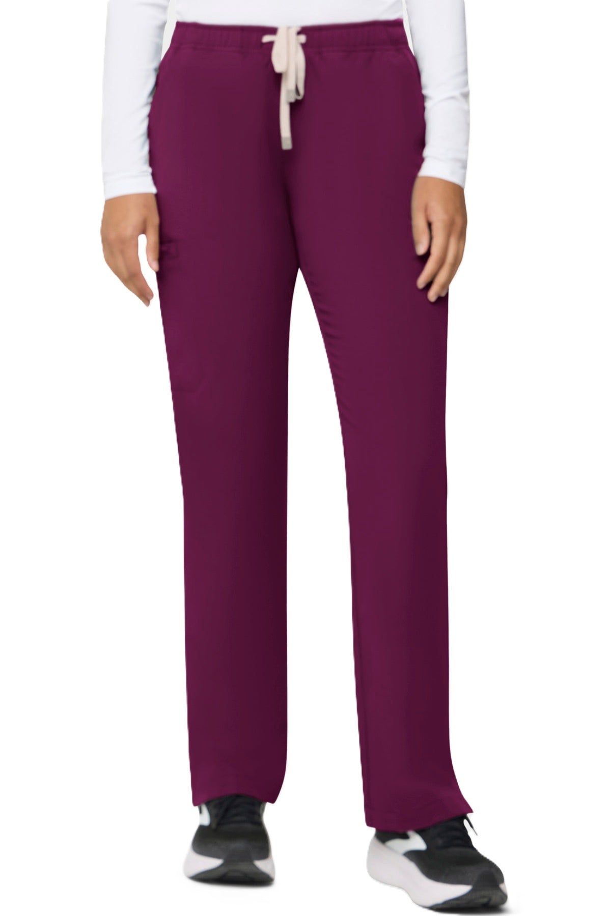 Tempo T201 women's straight leg scrub pants - wine, moisture-wicking four-way stretch fabric.