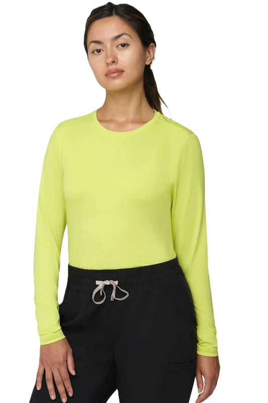 Tempo T100 women's yellow long sleeve underscrub tee with round neck.