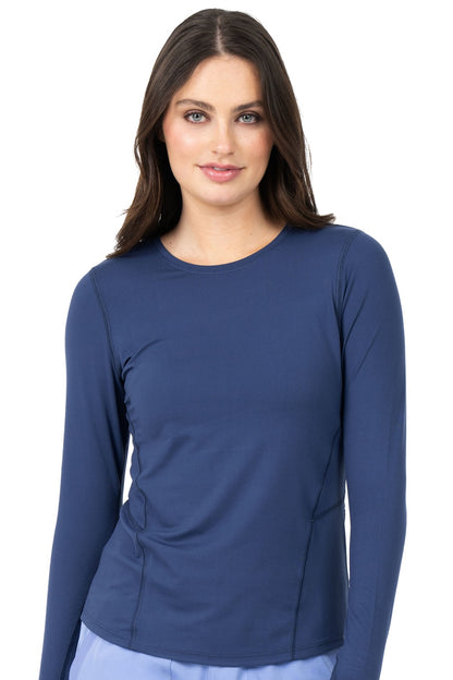 Navy blue Zavate Lily brushed knit underscrub tee featuring thumbhole sleeves and round neckline for medical professionals.