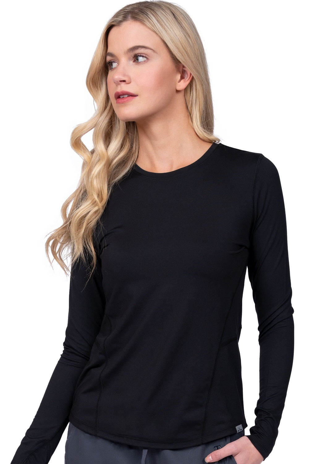 Black Zavate Lily brushed knit underscrub tee with thumbhole long sleeves and high-low hemline for nurses and healthcare professionals.