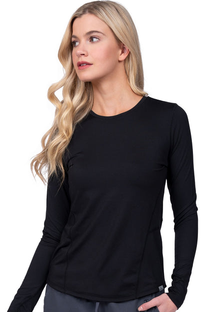 Black Zavate Lily brushed knit underscrub tee with thumbhole long sleeves and high-low hemline for nurses and healthcare professionals.