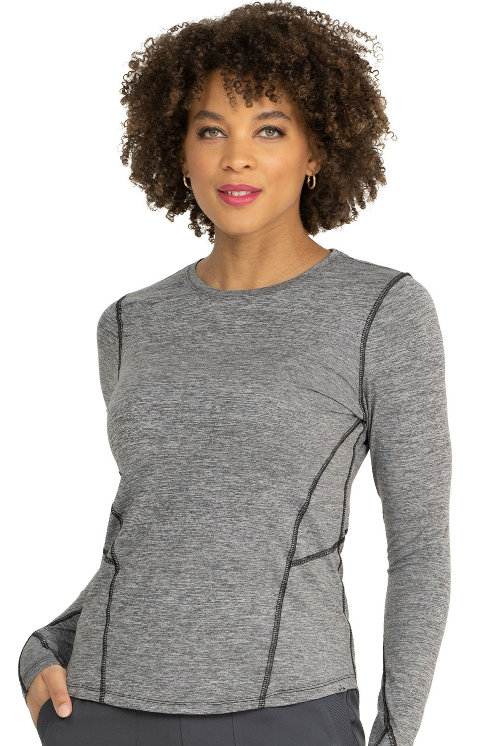 Heather grey Zavate Lily soft brushed knit underscrub tee with stylized seam details and thumbholes for healthcare workers.