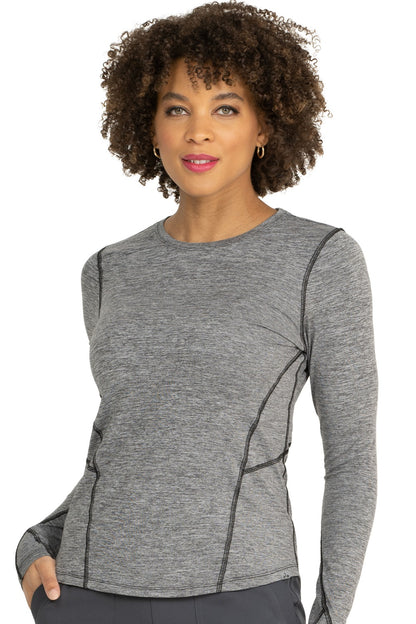 Heather grey Zavate Lily soft brushed knit underscrub tee with stylized seam details and thumbholes for healthcare workers.