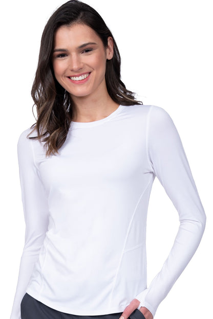 White Zavate Lily long sleeve brushed knit underscrub tee with thumbhole design for nurses and medical staff.