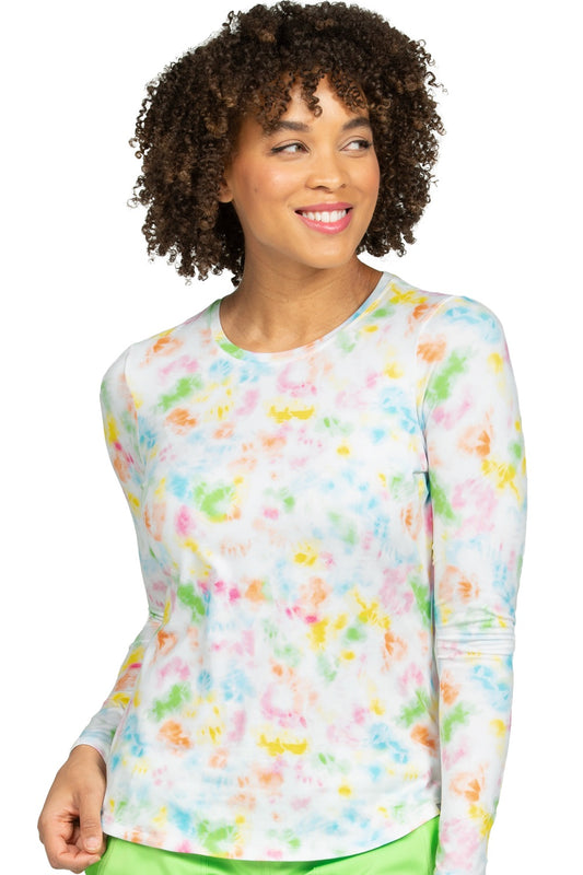 Zavate brushed knit underscrub tee in Bright Sky print - long sleeve round neck layering top for nurses and healthcare workers.