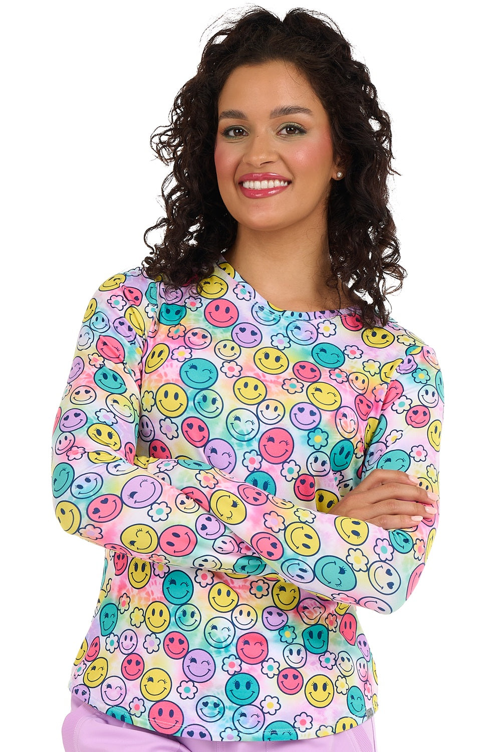 Zavate 1155 brushed knit underscrub tee in Joyful Days print - comfortable long sleeve round neck shirt for healthcare professionals.