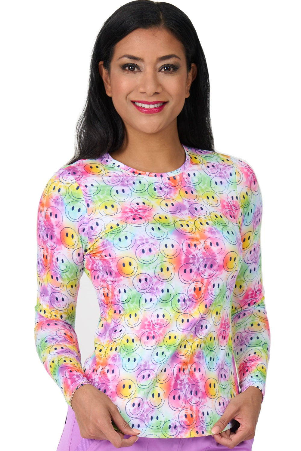 Zavate brushed knit underscrub tee in Smile Faces print - comfortable long sleeve round neck top for healthcare workers.