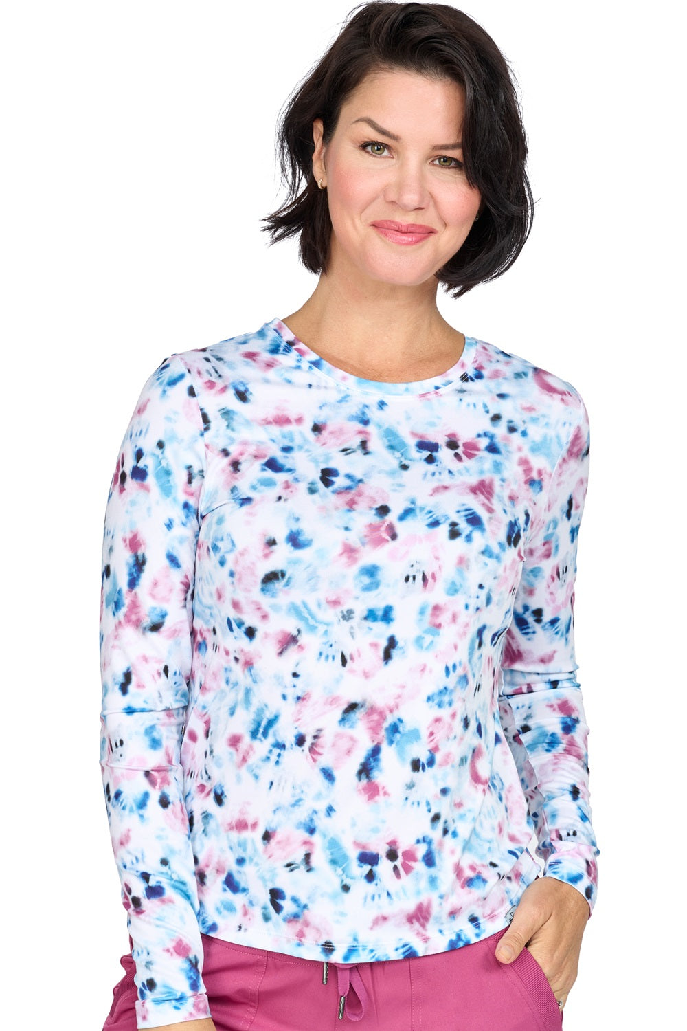 Zavate 1155 brushed knit underscrub tee in Tie Dye print - high-low hem long sleeve layering tee for nurses.