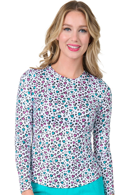 Zavate brushed knit underscrub tee in Wild Hearts print - soft long sleeve layering top for medical staff.