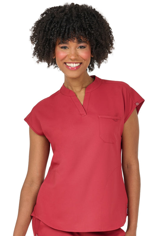 Terracotta Zavate Studio Dynamic scrub top featuring stand collar, split placket, and relaxed dolman sleeves - professional medical scrubs for nurses and healthcare workers.