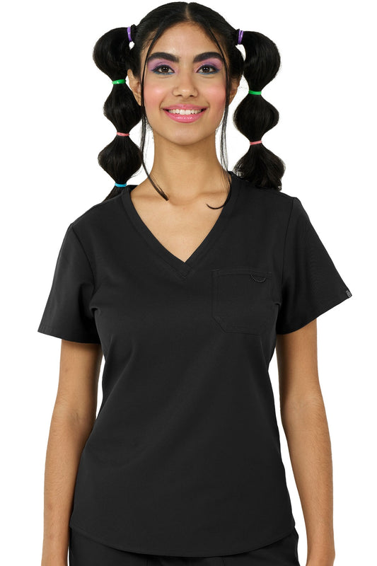 Zavate Studio Elevate scrub top in black featuring modern tuck-in design, chest pocket with triple needle stitching, and elastic bungee loop for healthcare professionals.
