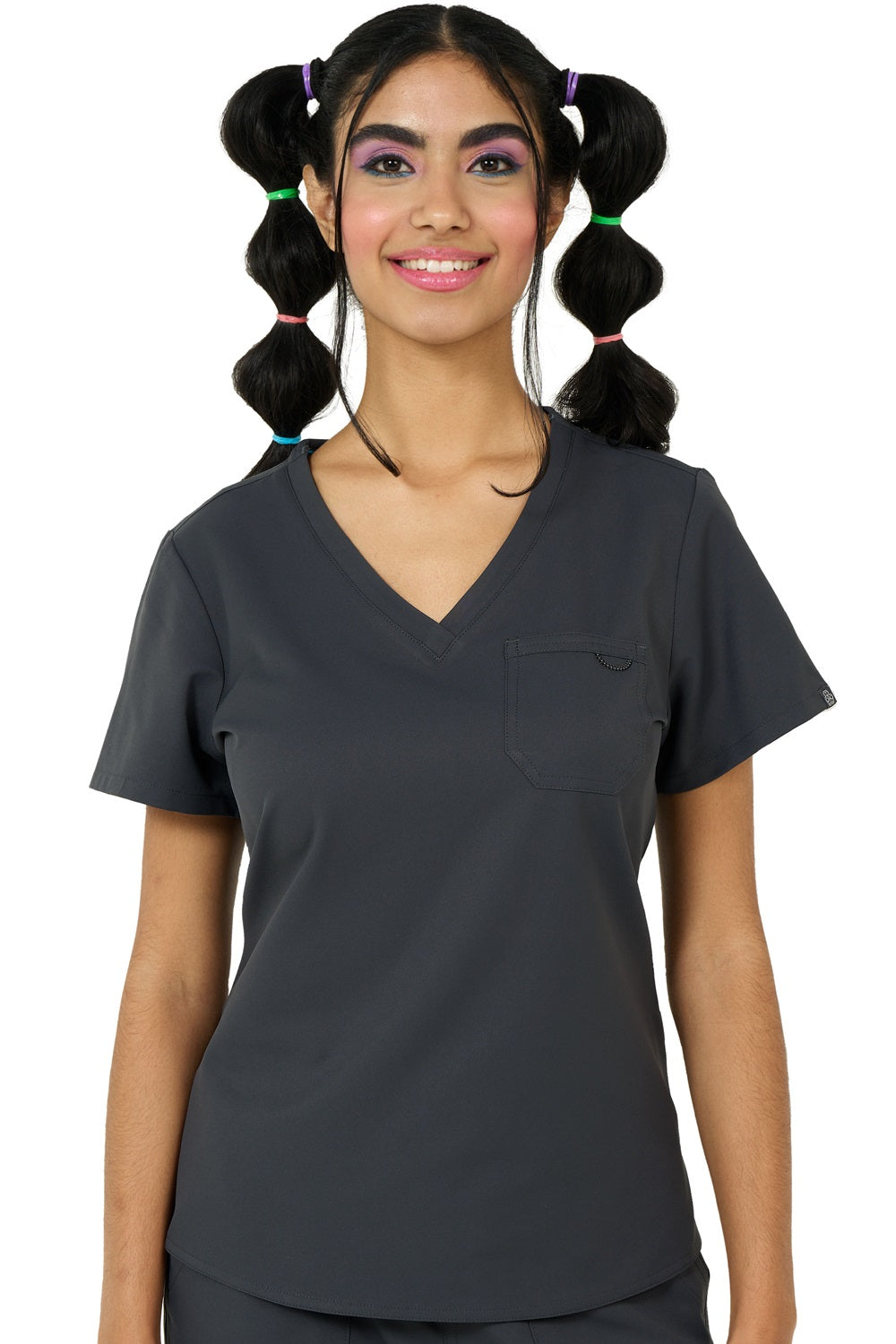 Zavate Studio Elevate scrub top in pewter grey with breathable moisture-wicking fabric, professional tailored fit, and reinforced construction for nurses and medical staff.