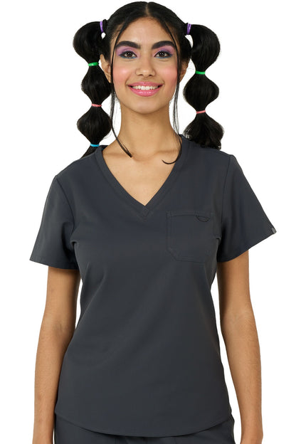 Zavate Studio Elevate scrub top in pewter grey with breathable moisture-wicking fabric, professional tailored fit, and reinforced construction for nurses and medical staff.