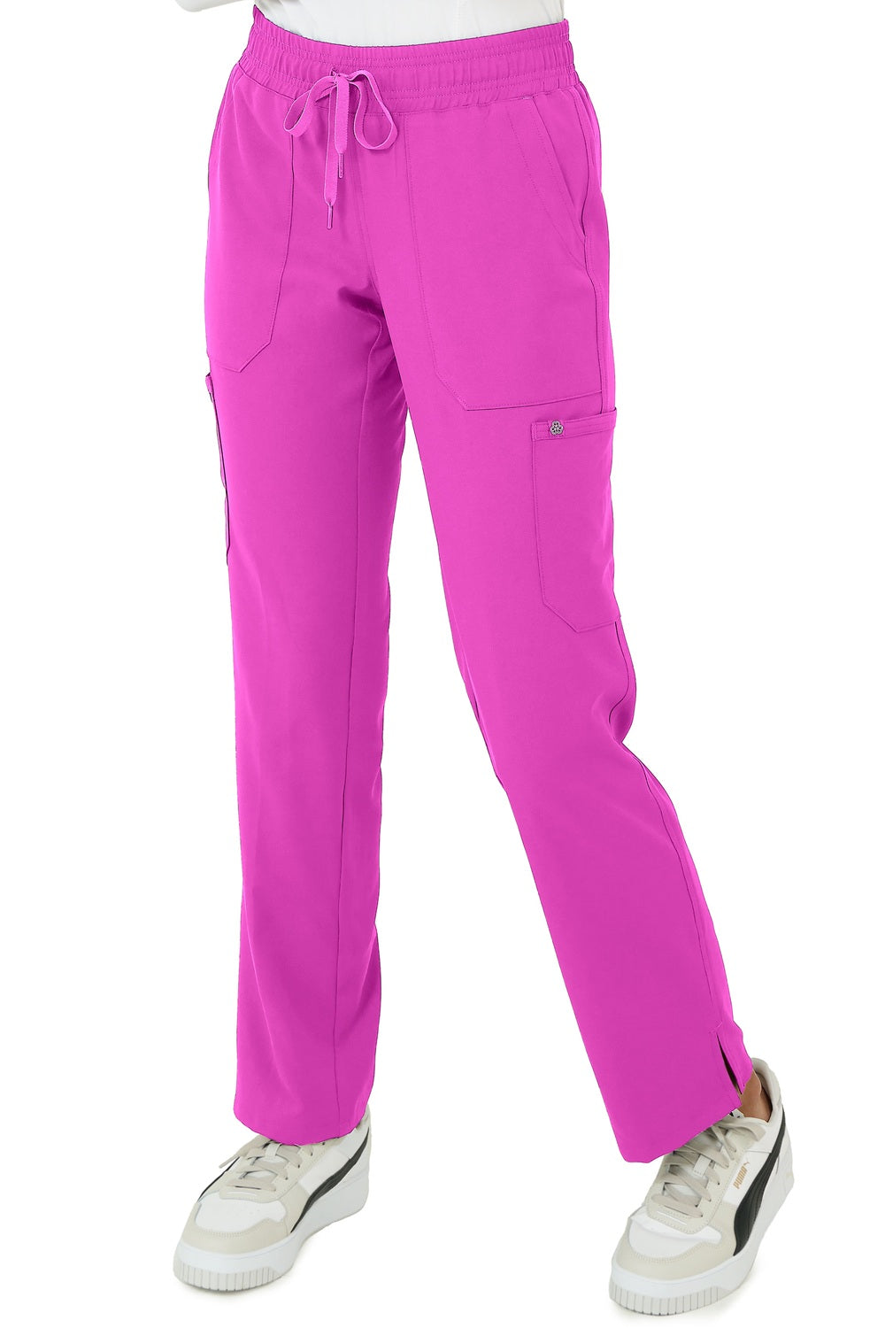 Medical scrub pants in orchid purple featuring elastic waistband with drawstring and professional straight leg fit.
