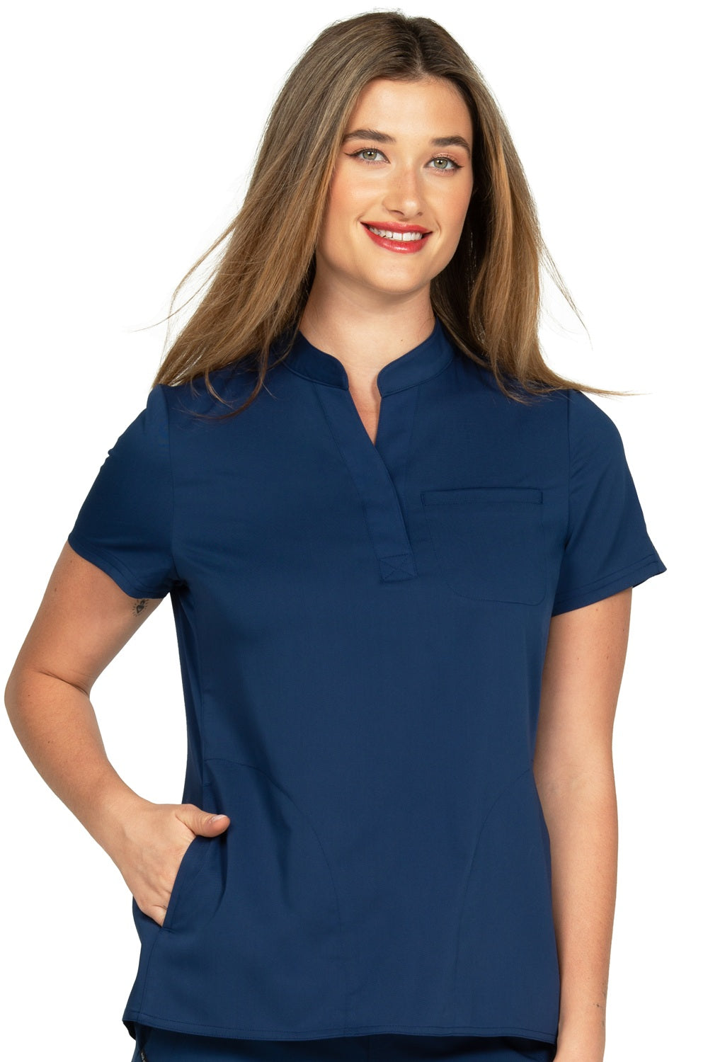 Zavate Studio Focus V Neck scrub top in navy blue - Chelsea Tuck In style 1132 featuring modern fit, accessory pocket with bungee loop for medical professionals.