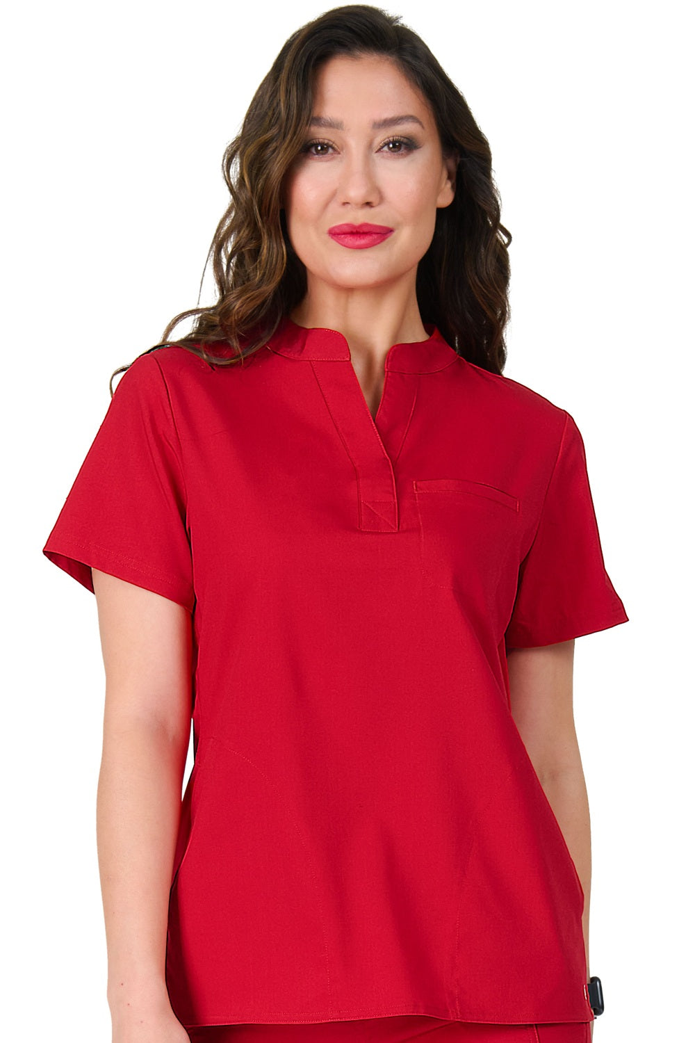 Zavate Studio Focus V Neck scrub top in red - Chelsea Tuck In style 1132 with professional silhouette and functional storage for healthcare workers.