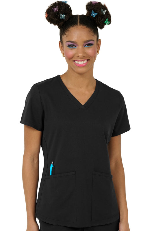 Women's black Zavate Studio Focus V Neck scrub top with tapered neckline and triple needle detai.