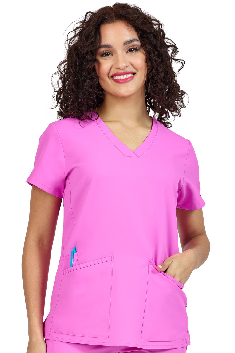 Orchid purple Zavate Studio Focus V Neck scrub top featuring curved back yoke design.