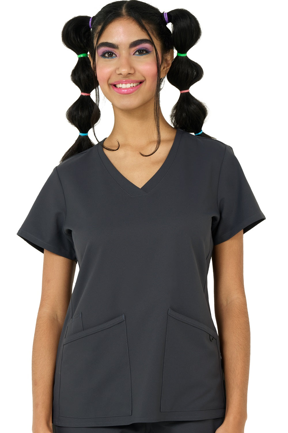 Pewter grey Zavate Studio Focus V Neck scrub top with professional tapered v-neckline.