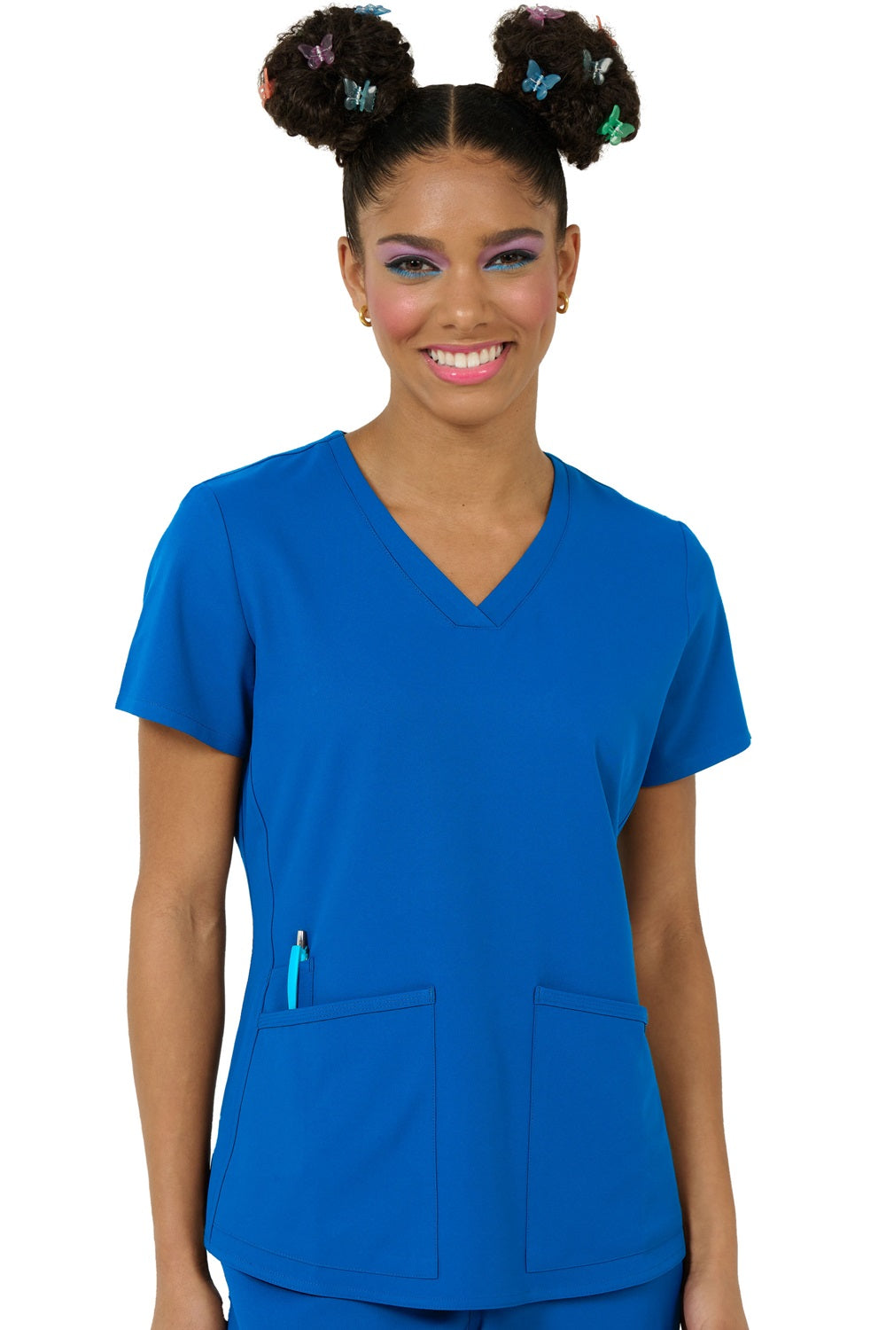 Royal blue Zavate Studio Focus V Neck women's scrub top for medical professionals.
