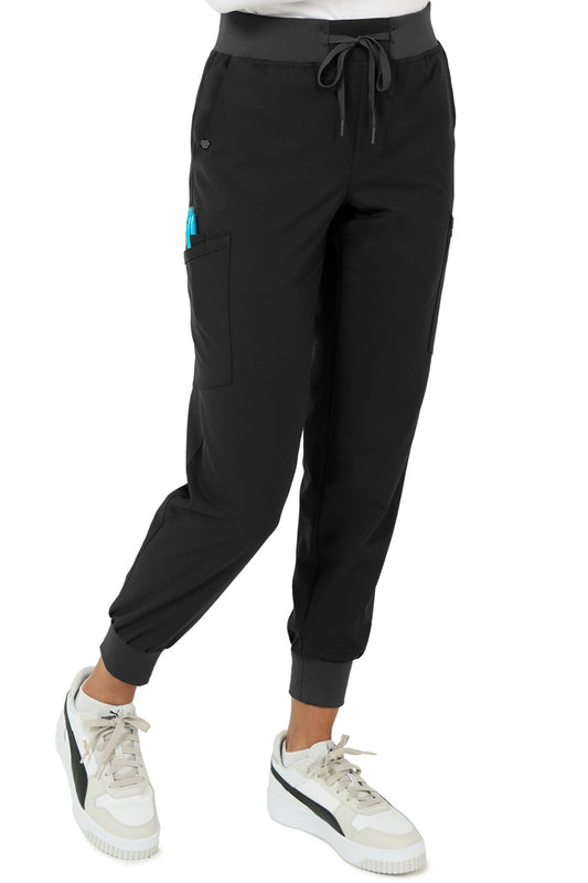 Zavate Studio Refined Jogger 3060 scrub pants in black - front view showing elastic waistband, tapered legs with knit cuffs, and 5 functional pockets for nurses and healthcare professionals.