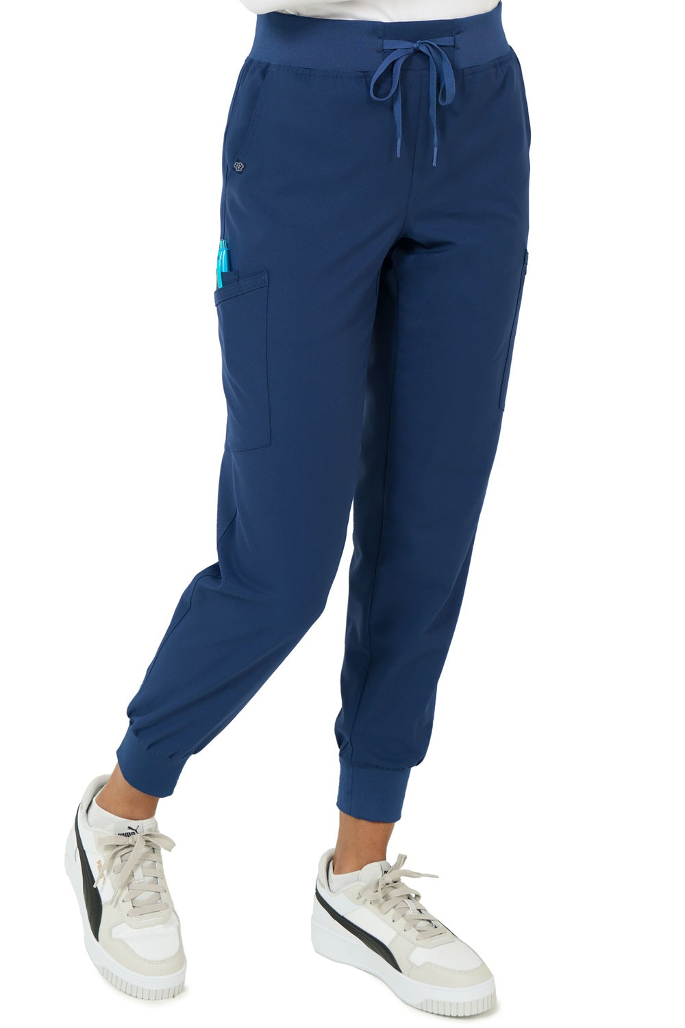 Zavate Studio Refined Jogger 3060 scrub pants in navy blue - women's tapered leg jogger style with convertible drawstring and cargo pockets for medical professionals.