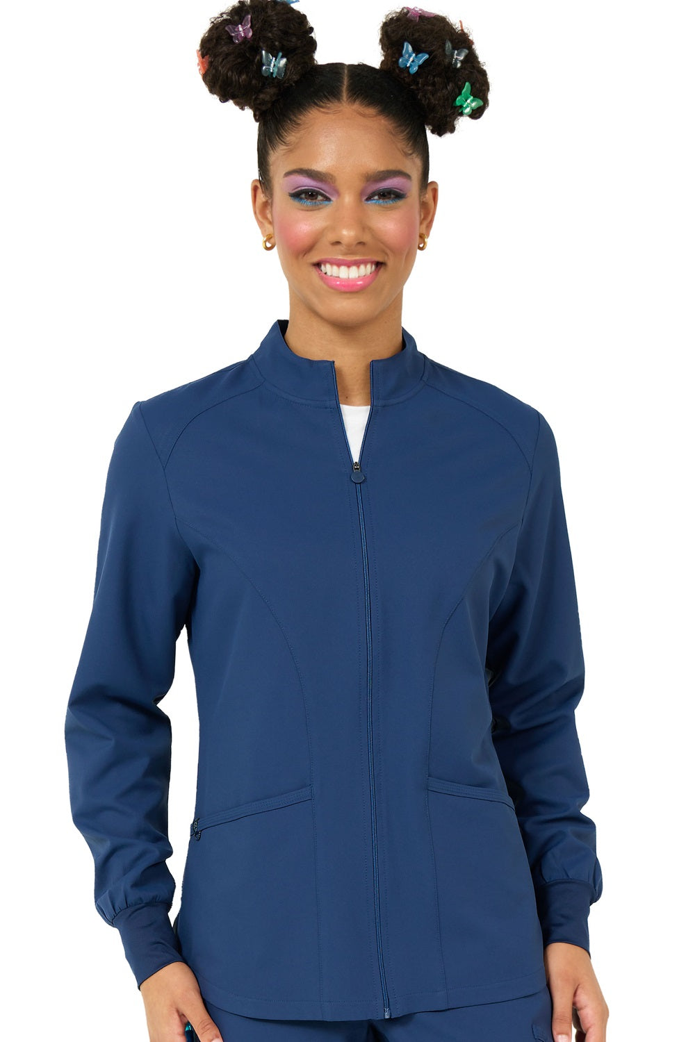 Navy blue Zavate Studio Comfort warm-up jacket 2056 featuring stand-up collar, logo zipper pull and two front pockets for nurses and medical staff.