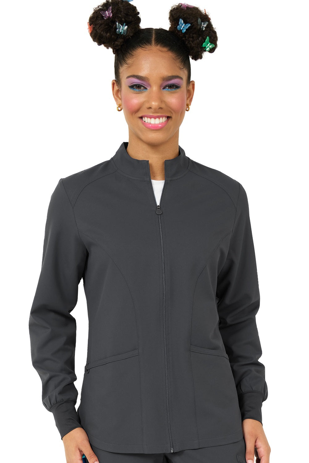 Pewter grey Zavate scrub jacket 2056 with professional stand collar design, full front zipper and reinforced shoulder yokes for durability.