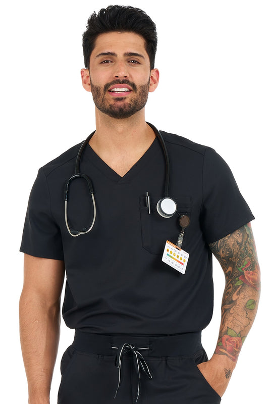 Zavate Studio Trailblazer men's scrub top in black - lightweight v-neck medical scrub with chest pocket and pen slot for healthcare professionals.