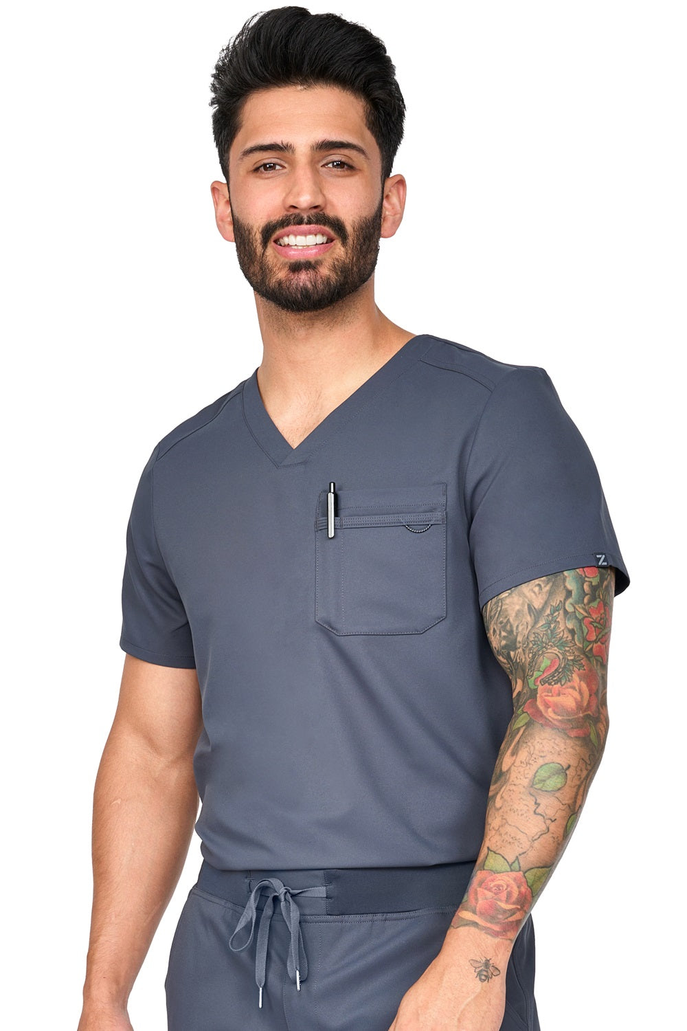Zavate Studio Trailblazer men's scrub top in pewter grey - professional v-neck medical scrub with criss-cross neckline and chest pocket.