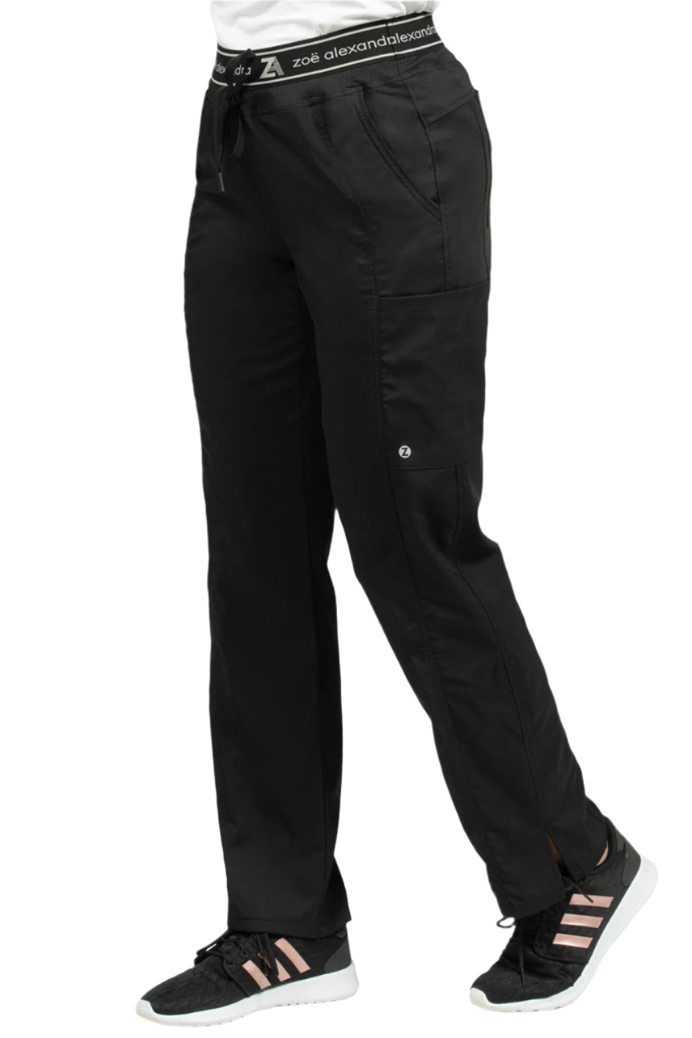 Zavate Zoe Alexandra Greenwich straight leg scrub pants in black - women's medical scrubs with elastic waistband, drawstring, and functional pockets for nurses and healthcare professionals.