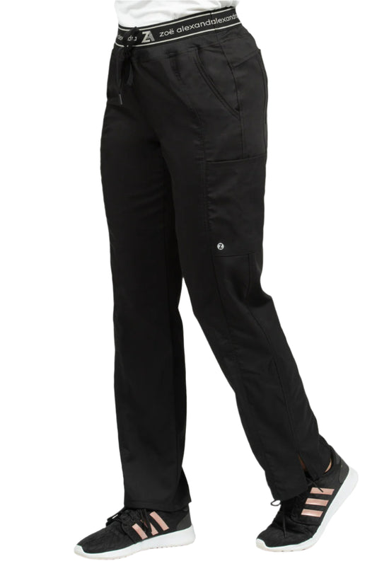 Zavate Zoe Alexandra Greenwich straight leg scrub pants in black - women's medical scrubs with elastic waistband, drawstring, and functional pockets for nurses and healthcare professionals.