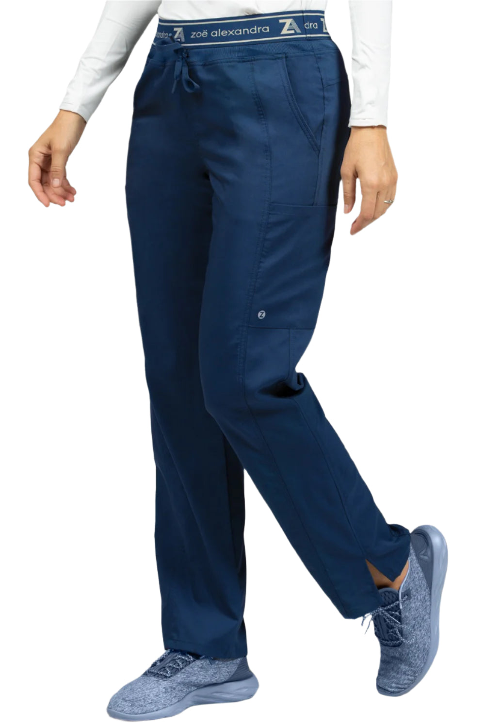 Zavate Zoe Alexandra Greenwich straight leg scrub pants in navy blue - professional medical uniform bottoms with adjustable fit and durable fabric for all-day comfort.