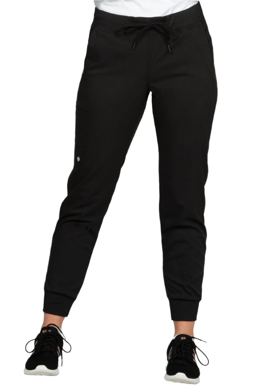 Zavate Zoe Alexandra Tribeca black jogger scrub pants with elastic waistband and drawstring for women healthcare professionals nurses and doctors.