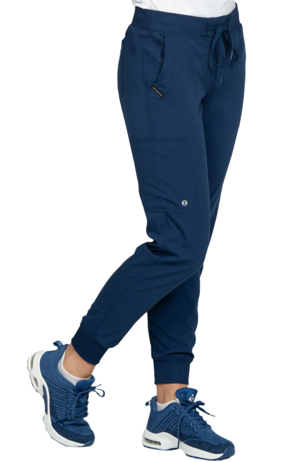Zavate Zoe Alexandra Tribeca navy blue jogger scrub pants with adjustable waist and tapered leg for medical staff.