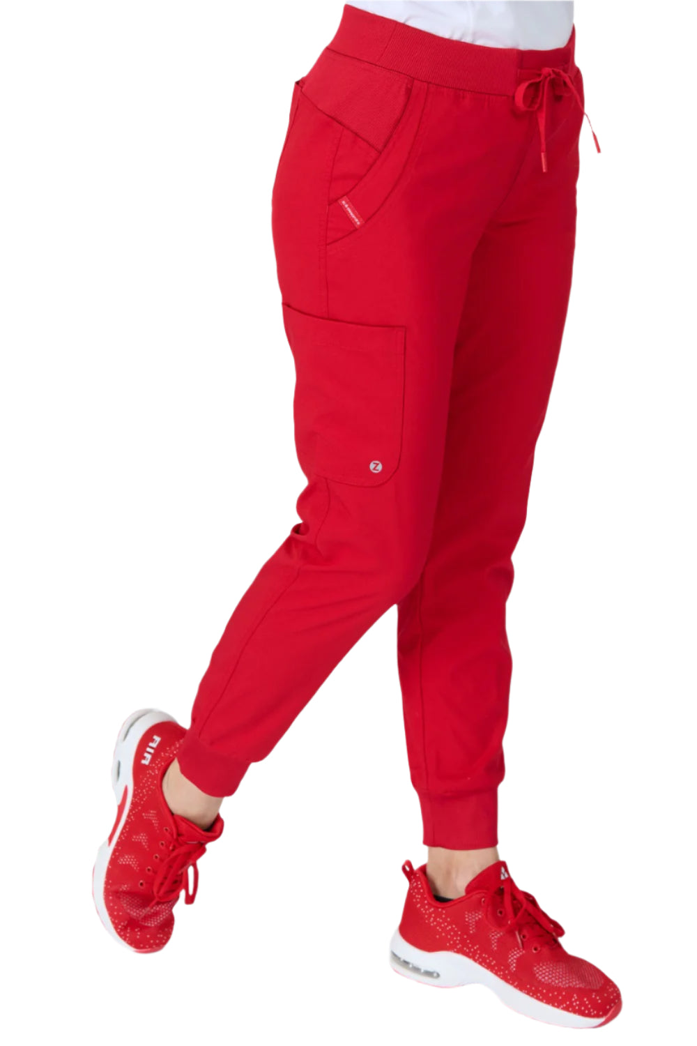 Zavate Zoe Alexandra Tribeca red jogger scrub pants women's medical uniform with rib knit waistband.