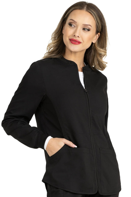 Zavate Zoe Alexandra Midtown black scrub jacket with rib knit collar and center front zipper, professional medical warm-up jacket for healthcare workers.