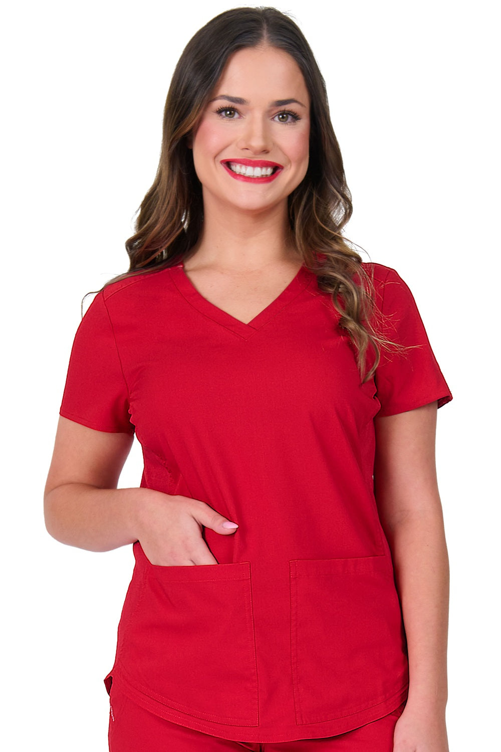 Zavate Zoe Alexandra Soho Side Knit scrub top 1148 in red - professional nursing scrub top with structured shoulder yokes and modern curved hem.