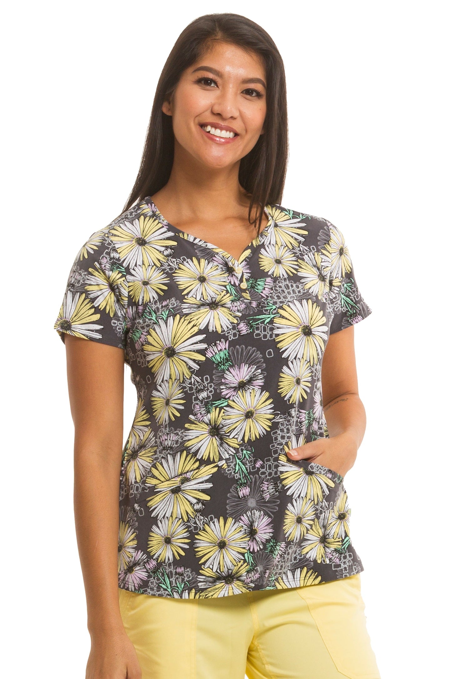 Healing Hands Scrubs Premiere Label Isabel Print Top Canary at Parker's Clothing & Scrubs