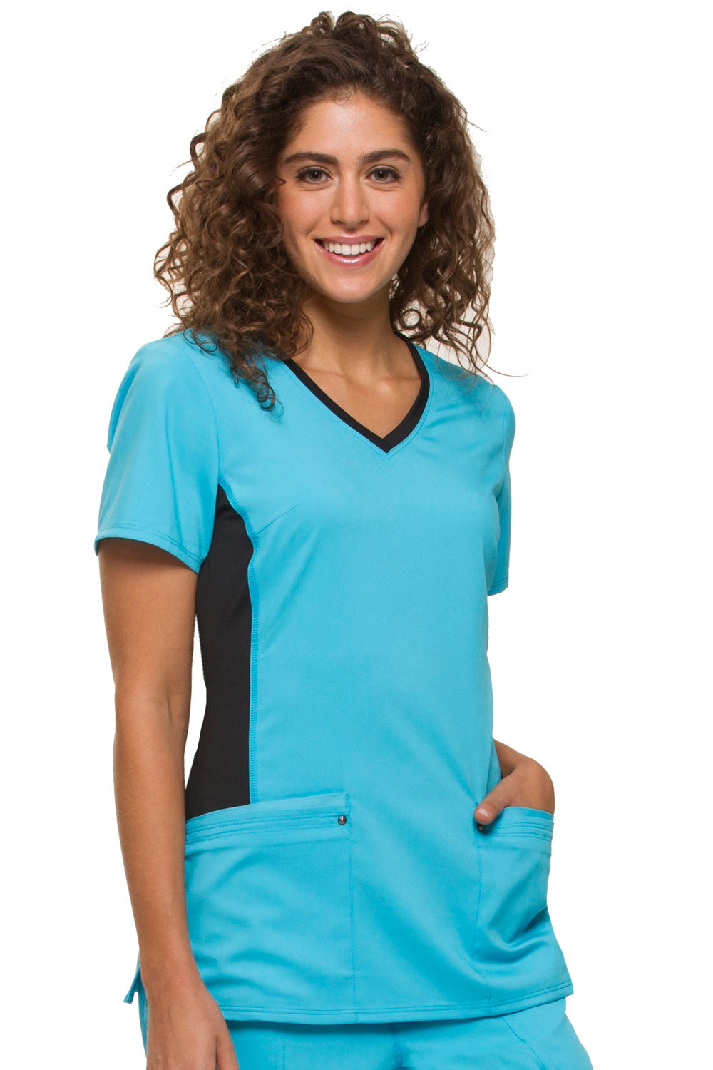 Healing Hands Plus Size Scrub Top Purple Label Juliet in Turquoise with Black panel at Parker's Clothing and Shoes.