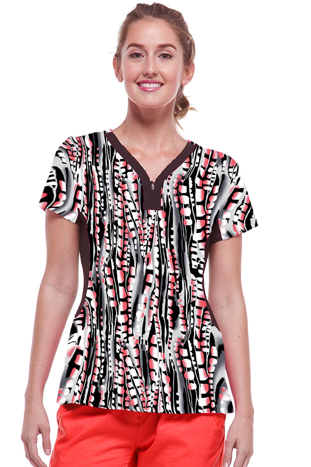 Healing Hands Scrubs Premiere Label Jessi Print Top in Red Spice at Parker's Clothing & Scrubs.