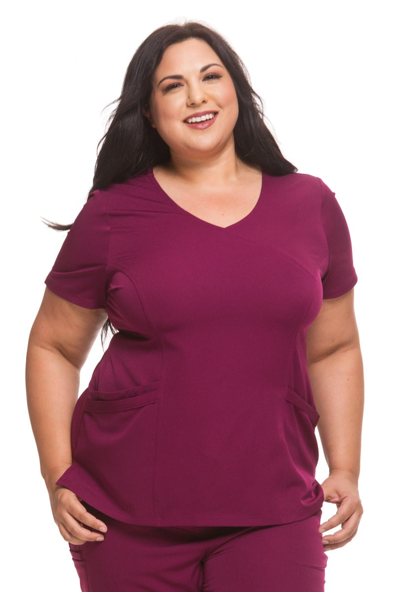 Healing Hands HH Works Madison Mock Wrap Scrub Top in Wine at Parker's Clothing and Shoes
