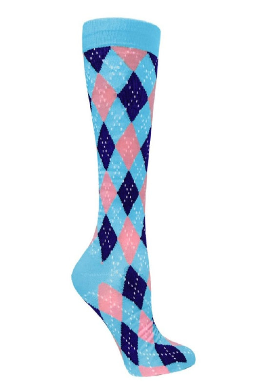 Prestige 12" Premium Compression Socks 15-18 mmHg Argyle Blue and Pink 