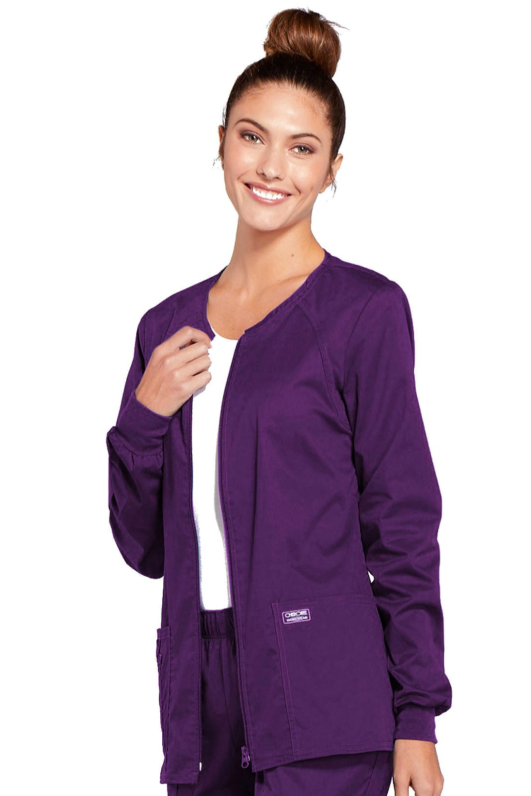 Cherokee Core Stretch Scrub Jacket Zip Front 4315 in Eggplant at Parker's Clothing and Shoes.